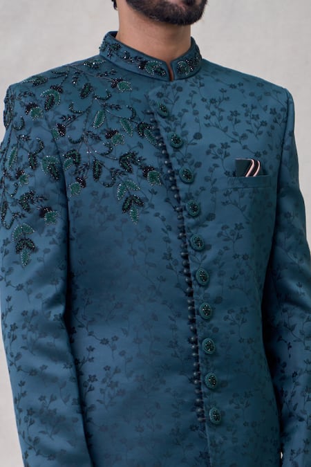 Shop_Arihant Rai Sinha_Green Silk Embroidery Flower Sherwani Set_Online_at_Aza_Fashions