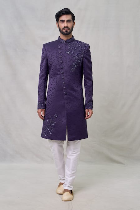 Arihant Rai Sinha_Purple Silk, Faux Leather Cut Work, Embroidery Threadwork Sherwani Set _Online_at_Aza_Fashions