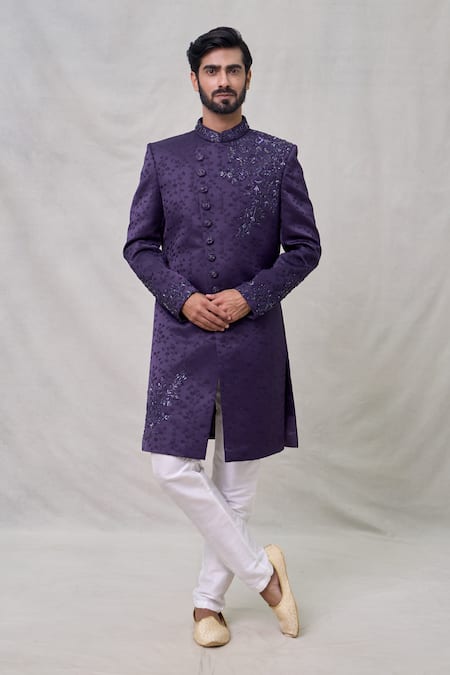 Buy_Arihant Rai Sinha_Purple Silk, Faux Leather Cut Work, Embroidery Threadwork Sherwani Set _Online_at_Aza_Fashions