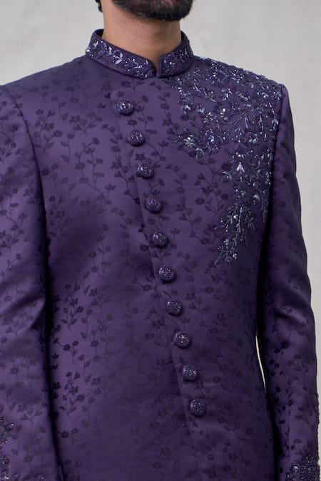 Shop_Arihant Rai Sinha_Purple Silk, Faux Leather Cut Work, Embroidery Threadwork Sherwani Set _Online_at_Aza_Fashions