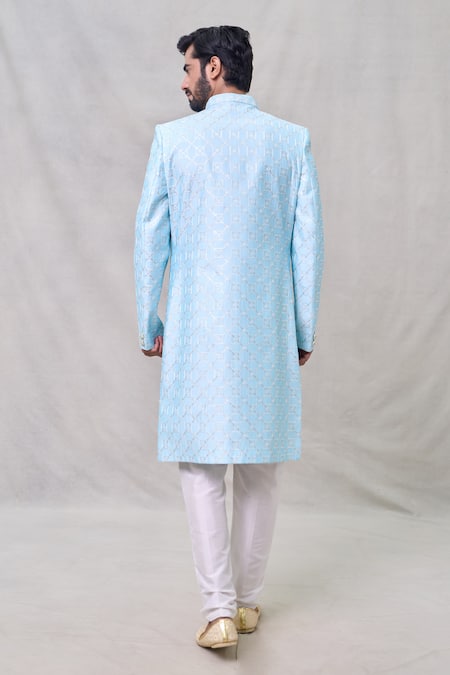 Shop_Arihant Rai Sinha_Blue Silk Sequins Layered Embroidered Sherwani Set _at_Aza_Fashions
