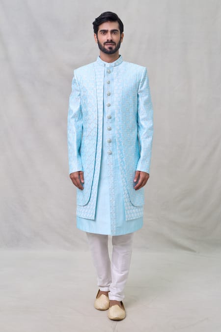 Arihant Rai Sinha_Blue Silk Sequins Layered Embroidered Sherwani Set _Online_at_Aza_Fashions