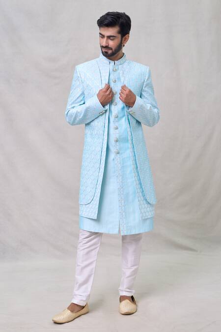 Buy_Arihant Rai Sinha_Blue Silk Sequins Layered Embroidered Sherwani Set _Online_at_Aza_Fashions