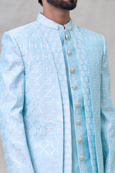 Shop_Arihant Rai Sinha_Blue Silk Sequins Layered Embroidered Sherwani Set _Online_at_Aza_Fashions