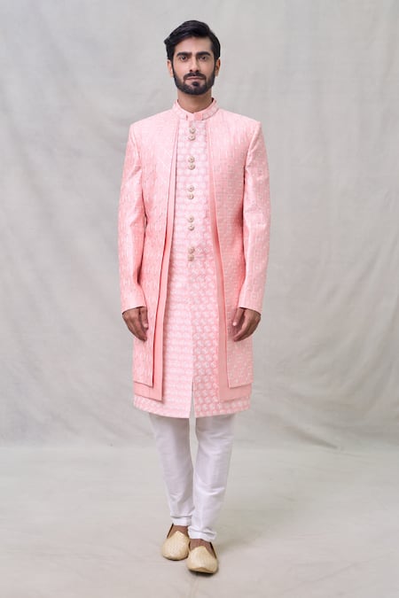 Arihant Rai Sinha_Pink Silk Sequins, Embroidery Layered Sherwani Set _Online_at_Aza_Fashions