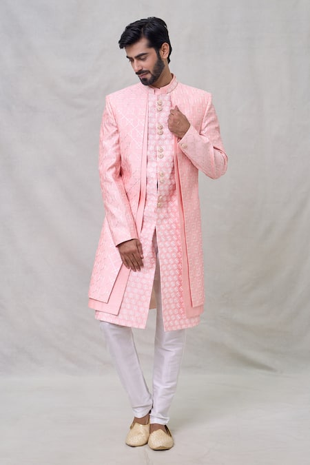 Buy_Arihant Rai Sinha_Pink Silk Sequins, Embroidery Layered Sherwani Set _Online_at_Aza_Fashions