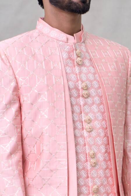 Shop_Arihant Rai Sinha_Pink Silk Sequins, Embroidery Layered Sherwani Set _Online_at_Aza_Fashions