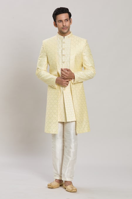 Arihant Rai Sinha Yellow Sherwani Art Silk Embroidery Thread Checkered Pattern Layered Set