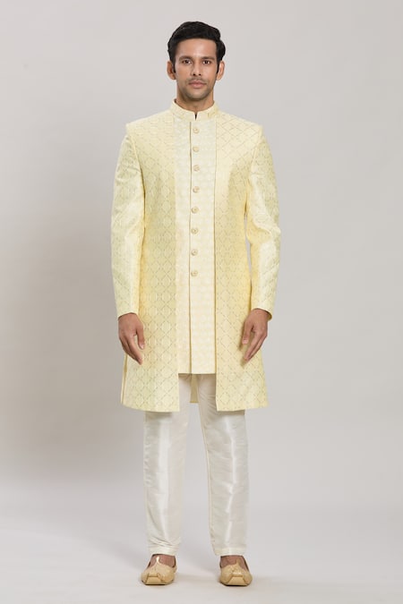 Arihant Rai Sinha_Yellow Silk, Faux Leather Sequins, Checkered Pattern Layered Sherwani Set _Online_at_Aza_Fashions