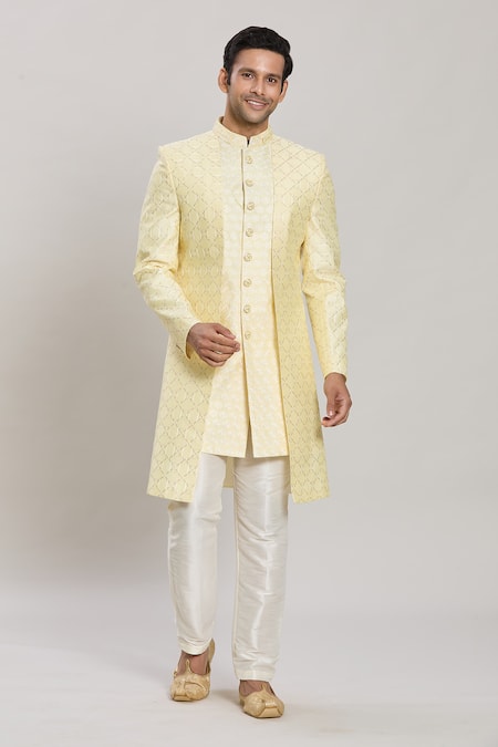 Buy_Arihant Rai Sinha_Yellow Silk, Faux Leather Sequins, Checkered Pattern Layered Sherwani Set _Online_at_Aza_Fashions