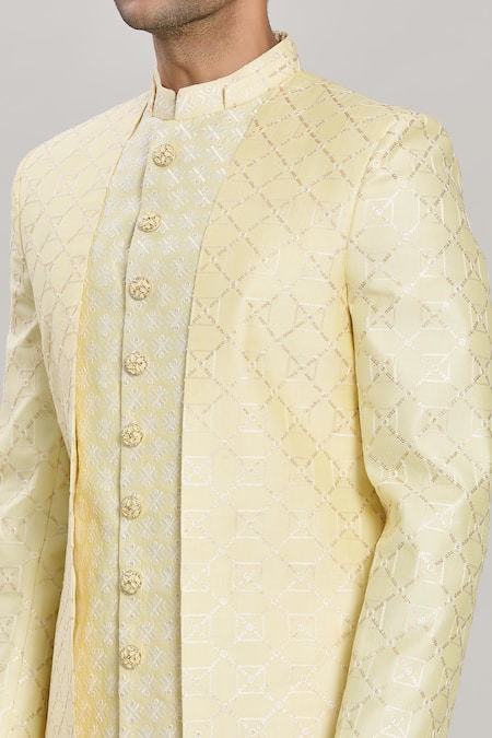 Shop_Arihant Rai Sinha_Yellow Silk, Faux Leather Sequins, Checkered Pattern Layered Sherwani Set _Online_at_Aza_Fashions