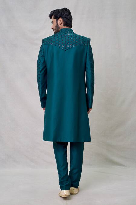 Shop_Arihant Rai Sinha_Blue Silk Sequins, Mirrors Thread Florin Vine Embroidered Layered Sherwani Set _at_Aza_Fashions