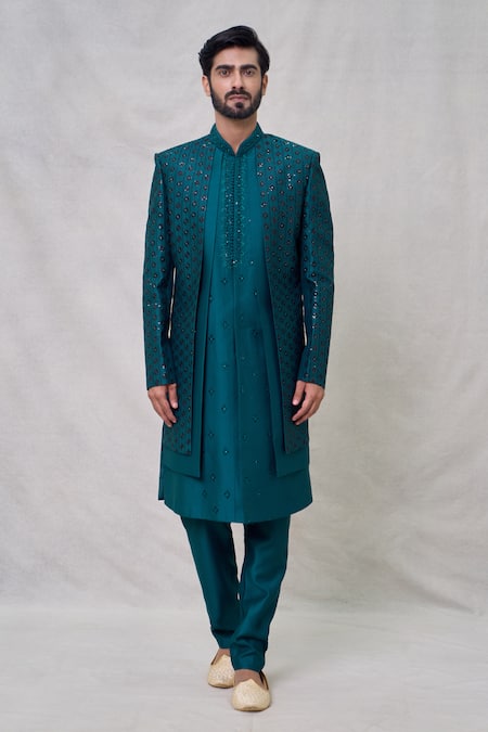 Arihant Rai Sinha_Blue Silk Sequins, Mirrors Thread Florin Vine Embroidered Layered Sherwani Set _Online_at_Aza_Fashions
