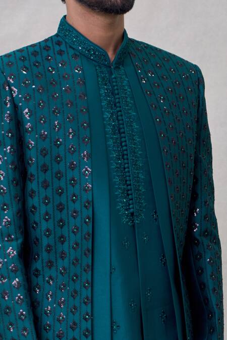 Shop_Arihant Rai Sinha_Blue Silk Sequins, Mirrors Thread Florin Vine Embroidered Layered Sherwani Set _Online_at_Aza_Fashions