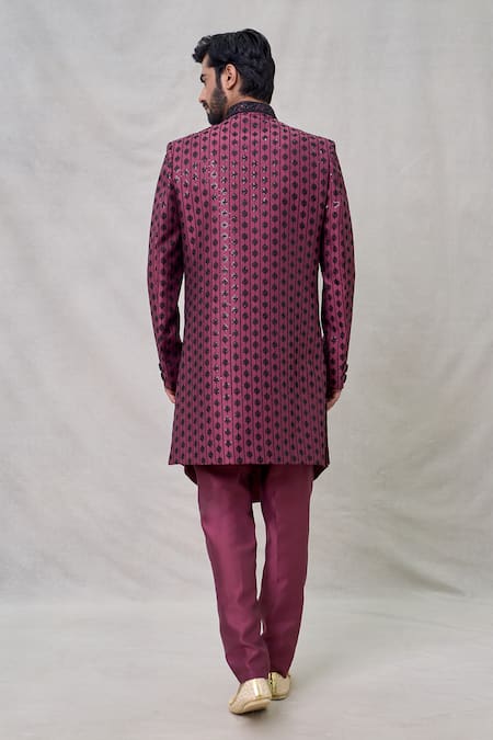 Shop Arihant Rai Sinha Maroon Silk Sequins, Embroidery Blossom Vine Thread Layered Sherwani Set at Aza Fashions Shop_Arihant Rai Sinha_Maroon Silk Sequins, Embroidery Blossom Vine Thread Layered Sherwani Set _at_Aza_Fashions