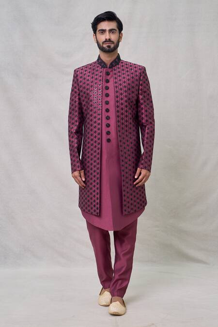Arihant Rai Sinha Maroon Silk Sequins, Embroidery Blossom Vine Thread Layered Sherwani Set Online at Aza Fashions Arihant Rai Sinha_Maroon Silk Sequins, Embroidery Blossom Vine Thread Layered Sherwani Set _Online_at_Aza_Fashions