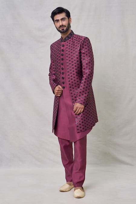 Buy Arihant Rai Sinha Maroon Silk Sequins, Embroidery Blossom Vine Thread Layered Sherwani Set Online at Aza Fashions Buy_Arihant Rai Sinha_Maroon Silk Sequins, Embroidery Blossom Vine Thread Layered Sherwani Set _Online_at_Aza_Fashions