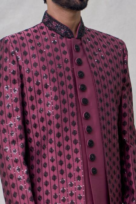 Shop Arihant Rai Sinha Maroon Silk Sequins, Embroidery Blossom Vine Thread Layered Sherwani Set Online at Aza Fashions Shop_Arihant Rai Sinha_Maroon Silk Sequins, Embroidery Blossom Vine Thread Layered Sherwani Set _Online_at_Aza_Fashions