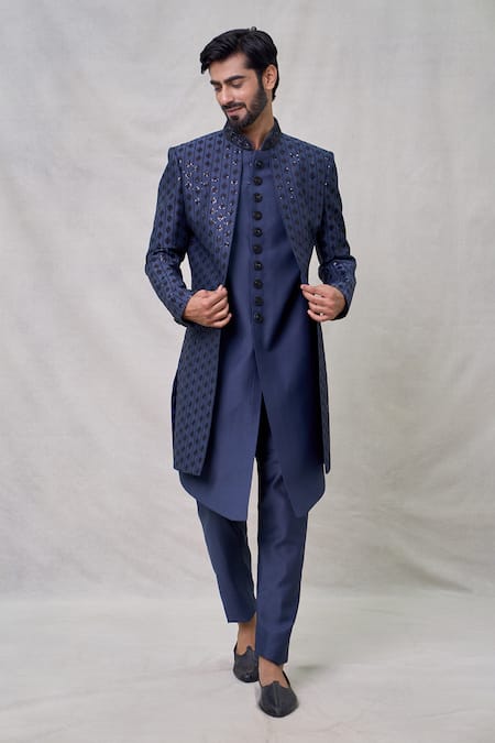 Arihant Rai Sinha Blue Art Silk Embroidery Mirror Fleur Vine Thread Layered Sherwani Set 