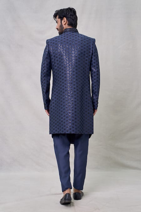 Arihant Rai Sinha Blue Silk Sequins Fleur Vine Thread Embroidered Layered Sherwani Set Online at Aza Fashions Arihant Rai Sinha_Blue Silk Sequins Fleur Vine Thread Embroidered Layered Sherwani Set _Online_at_Aza_Fashions