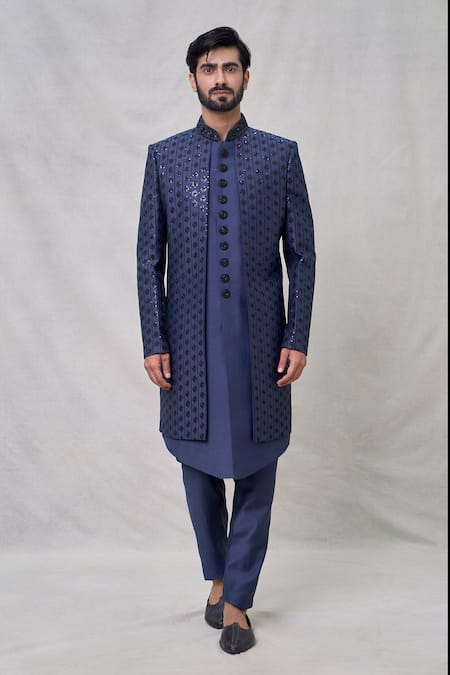 Buy Arihant Rai Sinha Blue Silk Sequins Fleur Vine Thread Embroidered Layered Sherwani Set Online at Aza Fashions Buy_Arihant Rai Sinha_Blue Silk Sequins Fleur Vine Thread Embroidered Layered Sherwani Set _Online_at_Aza_Fashions