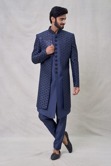 Shop Arihant Rai Sinha Blue Silk Sequins Fleur Vine Thread Embroidered Layered Sherwani Set Online at Aza Fashions Shop_Arihant Rai Sinha_Blue Silk Sequins Fleur Vine Thread Embroidered Layered Sherwani Set _Online_at_Aza_Fashions