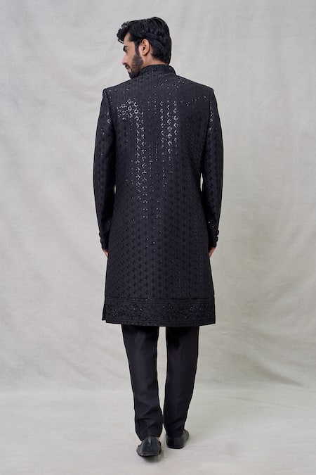Shop Arihant Rai Sinha Black Faux Leather Sequins, Embroidery Musk Bloom Sherwani Set at Aza Fashions Shop_Arihant Rai Sinha_Black Faux Leather Sequins, Embroidery Musk Bloom Sherwani Set _at_Aza_Fashions