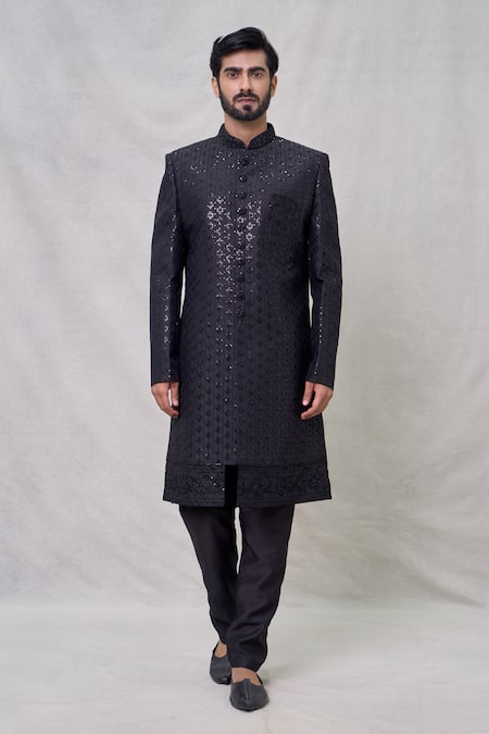 Arihant Rai Sinha Black Faux Leather Sequins, Embroidery Musk Bloom Sherwani Set Online at Aza Fashions Arihant Rai Sinha_Black Faux Leather Sequins, Embroidery Musk Bloom Sherwani Set _Online_at_Aza_Fashions
