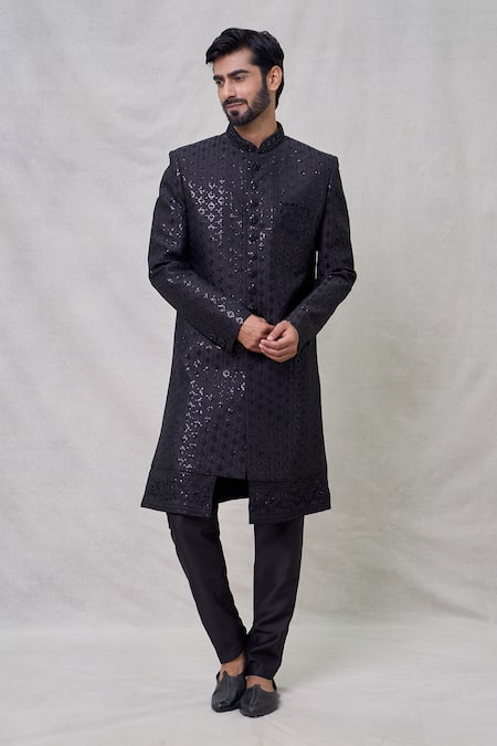 Buy Arihant Rai Sinha Black Faux Leather Sequins, Embroidery Musk Bloom Sherwani Set Online at Aza Fashions Buy_Arihant Rai Sinha_Black Faux Leather Sequins, Embroidery Musk Bloom Sherwani Set _Online_at_Aza_Fashions