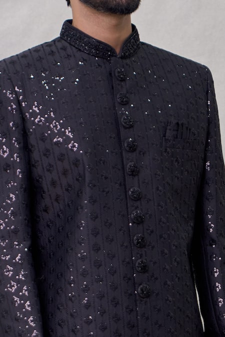 Shop Arihant Rai Sinha Black Faux Leather Sequins, Embroidery Musk Bloom Sherwani Set Online at Aza Fashions Shop_Arihant Rai Sinha_Black Faux Leather Sequins, Embroidery Musk Bloom Sherwani Set _Online_at_Aza_Fashions