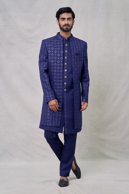 Arihant Rai Sinha Blue Art Silk Embroidery Thread Quad Sequin Bloom Sherwani Set