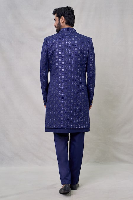 Arihant Rai Sinha_Blue Silk Sequins, Embroidery Quad Bloom Sherwani Set _Online_at_Aza_Fashions