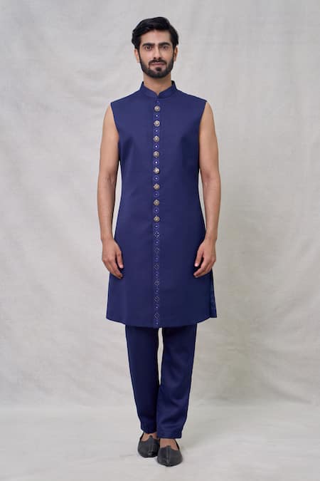 Buy_Arihant Rai Sinha_Blue Silk Sequins, Embroidery Quad Bloom Sherwani Set _Online_at_Aza_Fashions