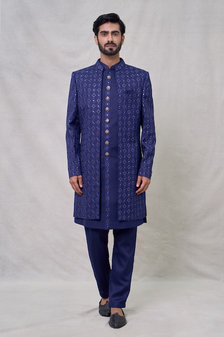 Shop_Arihant Rai Sinha_Blue Silk Sequins, Embroidery Quad Bloom Sherwani Set _Online_at_Aza_Fashions
