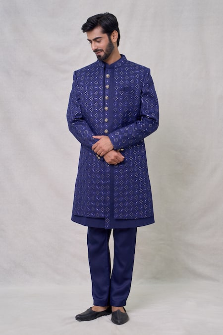 Arihant Rai Sinha_Blue Silk Sequins, Embroidery Quad Bloom Sherwani Set _at_Aza_Fashions