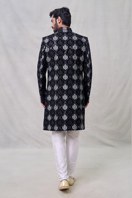 Shop_Arihant Rai Sinha_Black Velvet, Silk Sequins, Embroidery Kashmiri Damask Layered Sherwani Set _at_Aza_Fashions