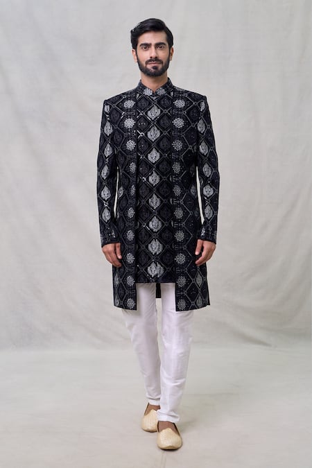 Arihant Rai Sinha_Black Velvet, Silk Sequins, Embroidery Kashmiri Damask Layered Sherwani Set _Online_at_Aza_Fashions