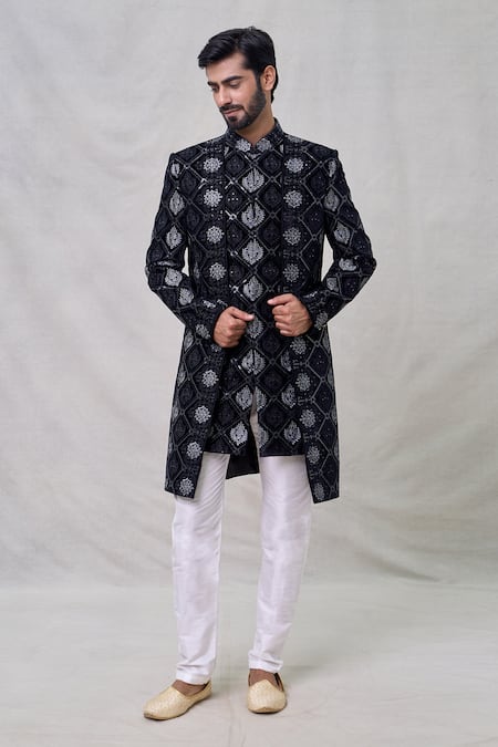 Buy_Arihant Rai Sinha_Black Velvet, Silk Sequins, Embroidery Kashmiri Damask Layered Sherwani Set _Online_at_Aza_Fashions