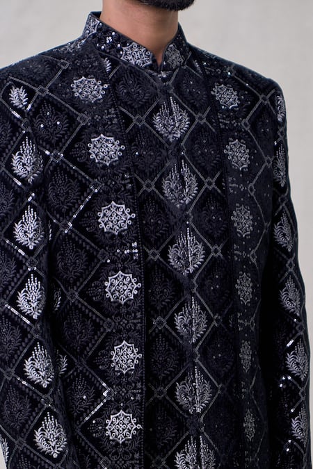 Shop_Arihant Rai Sinha_Black Velvet, Silk Sequins, Embroidery Kashmiri Damask Layered Sherwani Set _Online_at_Aza_Fashions