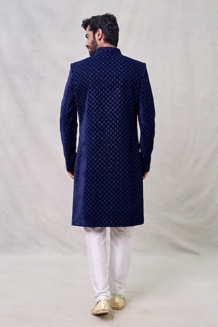 Shop Arihant Rai Sinha Blue Velvet, Silk, Cotton Sequins Floret Motif Embroidered Layered Sherwani Set at Aza Fashions Shop_Arihant Rai Sinha_Blue Velvet, Silk, Cotton Sequins Floret Motif Embroidered Layered Sherwani Set _at_Aza_Fashions