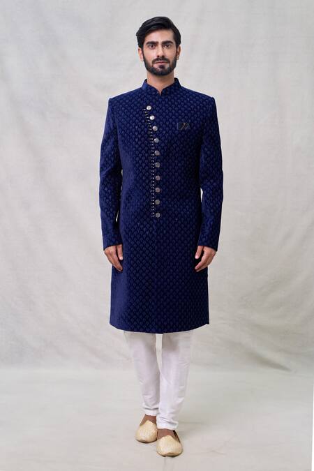 Buy Arihant Rai Sinha Blue Velvet, Silk, Cotton Sequins Floret Motif Embroidered Layered Sherwani Set Online at Aza Fashions Buy_Arihant Rai Sinha_Blue Velvet, Silk, Cotton Sequins Floret Motif Embroidered Layered Sherwani Set _Online_at_Aza_Fashions