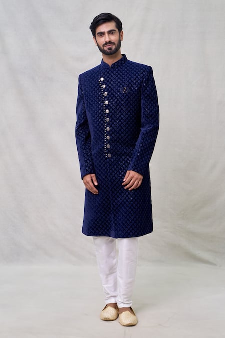 Shop Arihant Rai Sinha Blue Velvet, Silk, Cotton Sequins Floret Motif Embroidered Layered Sherwani Set Online at Aza Fashions Shop_Arihant Rai Sinha_Blue Velvet, Silk, Cotton Sequins Floret Motif Embroidered Layered Sherwani Set _Online_at_Aza_Fashions