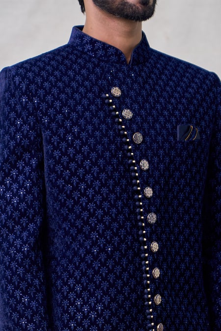 Arihant Rai Sinha Blue Velvet, Silk, Cotton Sequins Floret Motif Embroidered Layered Sherwani Set at Aza Fashions Arihant Rai Sinha_Blue Velvet, Silk, Cotton Sequins Floret Motif Embroidered Layered Sherwani Set _at_Aza_Fashions