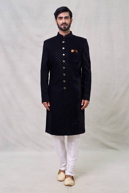 Buy_Arihant Rai Sinha_Black Velvet, Silk, Faux Leather, Cotton Floweret Motif Layered Sherwani Set _Online_at_Aza_Fashions