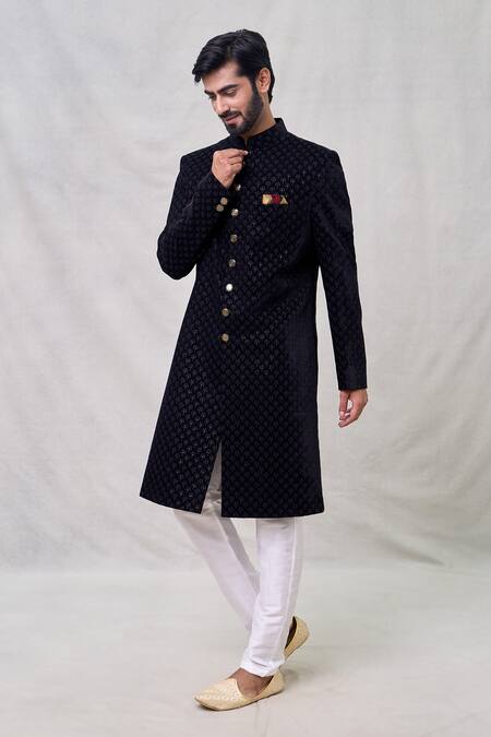 Shop_Arihant Rai Sinha_Black Velvet, Silk, Faux Leather, Cotton Floweret Motif Layered Sherwani Set _Online_at_Aza_Fashions