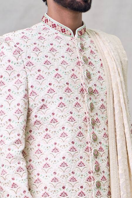 Shop Arihant Rai Sinha Cream Silk, Faux Leather Sequins, Beads, Embroidery Padma Bloom Sherwani Set Online at Aza Fashions Shop_Arihant Rai Sinha_Cream Silk, Faux Leather Sequins, Beads, Embroidery Padma Bloom Sherwani Set _Online_at_Aza_Fashions