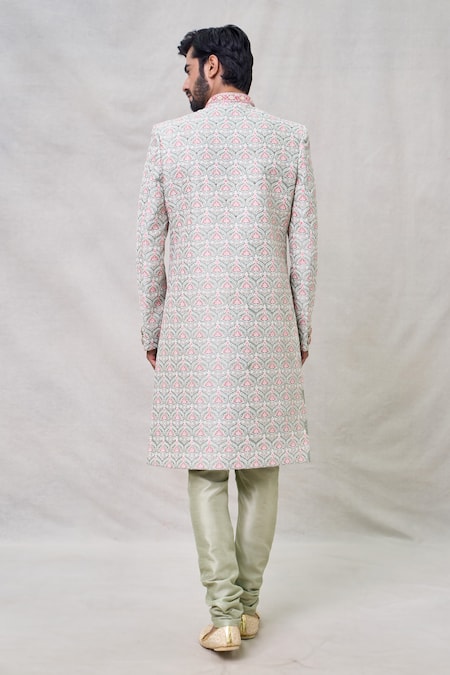 Shop_Arihant Rai Sinha_Green Silk Sequins Lotus Darbar Bloom Embroidered Sherwani Set _at_Aza_Fashions