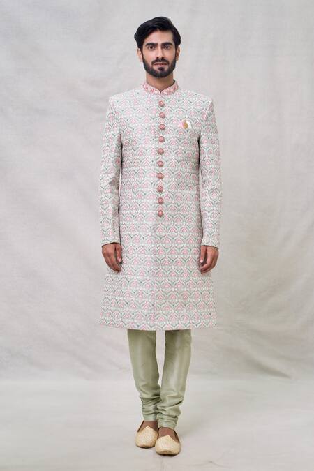 Arihant Rai Sinha_Green Silk Sequins Lotus Darbar Bloom Embroidered Sherwani Set _Online_at_Aza_Fashions
