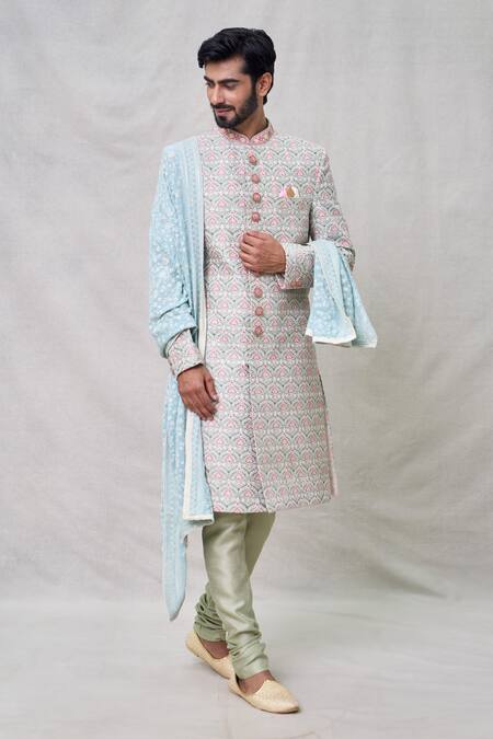 Buy_Arihant Rai Sinha_Green Silk Sequins Lotus Darbar Bloom Embroidered Sherwani Set _Online_at_Aza_Fashions
