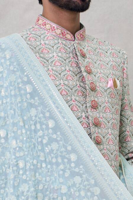 Shop_Arihant Rai Sinha_Green Silk Sequins Lotus Darbar Bloom Embroidered Sherwani Set _Online_at_Aza_Fashions
